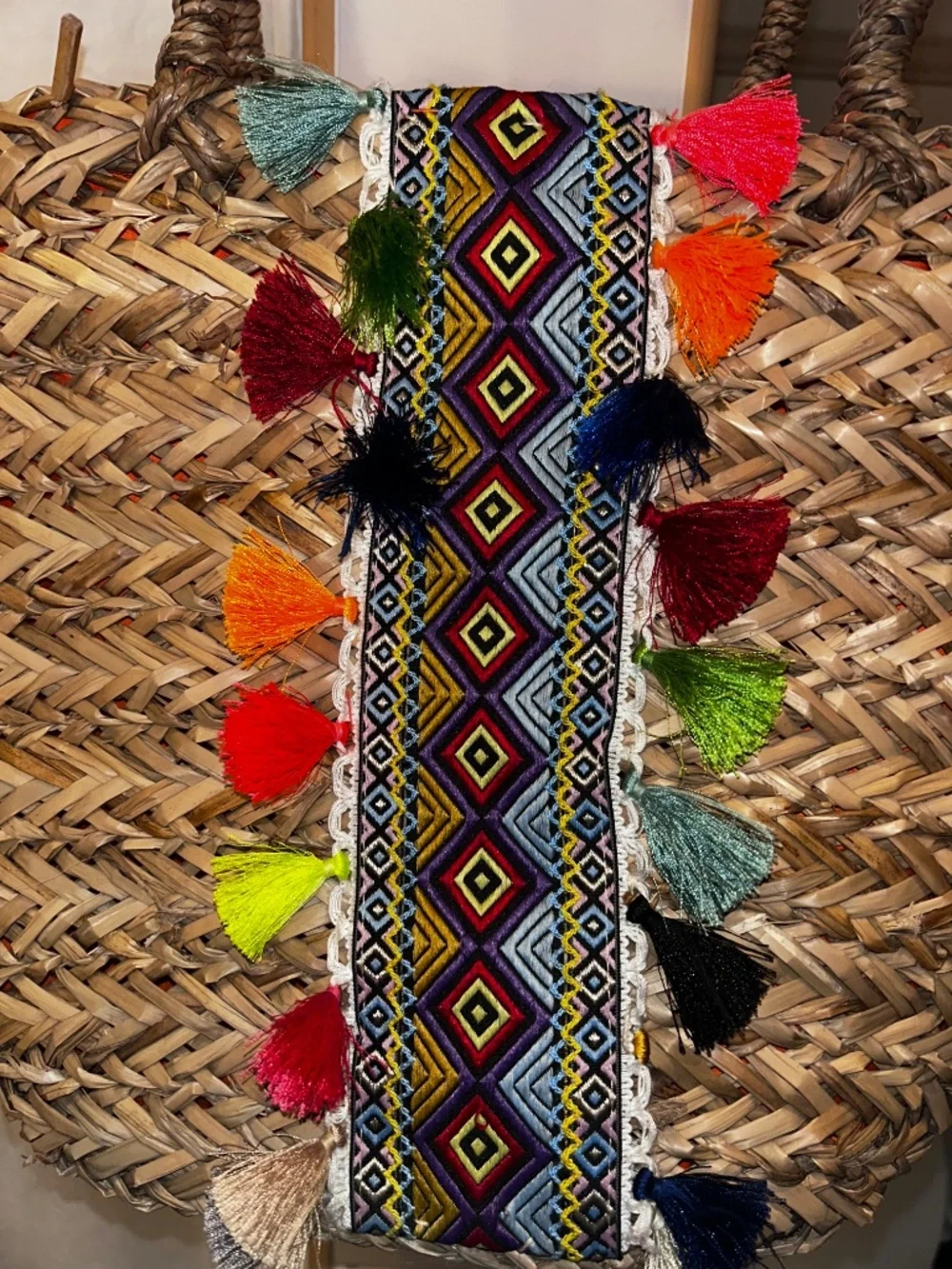 French Market straw tassels aztec band orange cotton lined basket tote bag purse